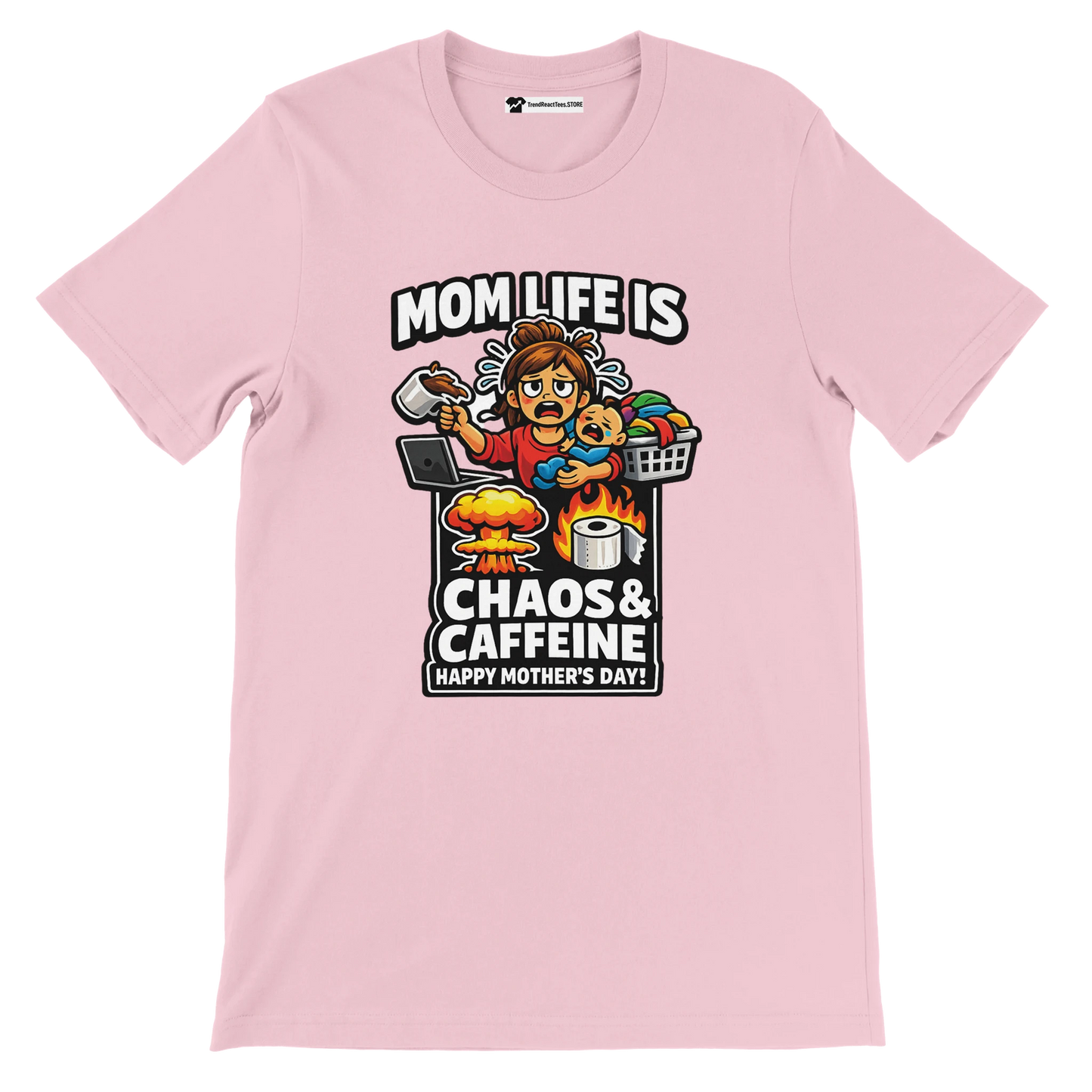 Pink Mother's Day t-shirt with anime mom graphic, chaos and caffeine quote, coffee, laundry, baby.