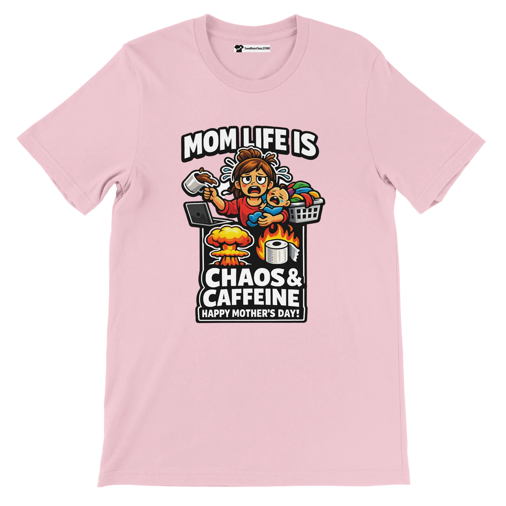 Pink Mother's Day t-shirt with anime mom graphic, chaos and caffeine quote, coffee, laundry, baby.