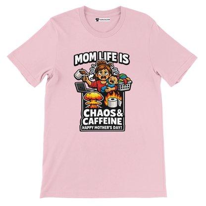 Pink Mother's Day t-shirt with anime mom graphic, chaos and caffeine quote, coffee, laundry, baby.