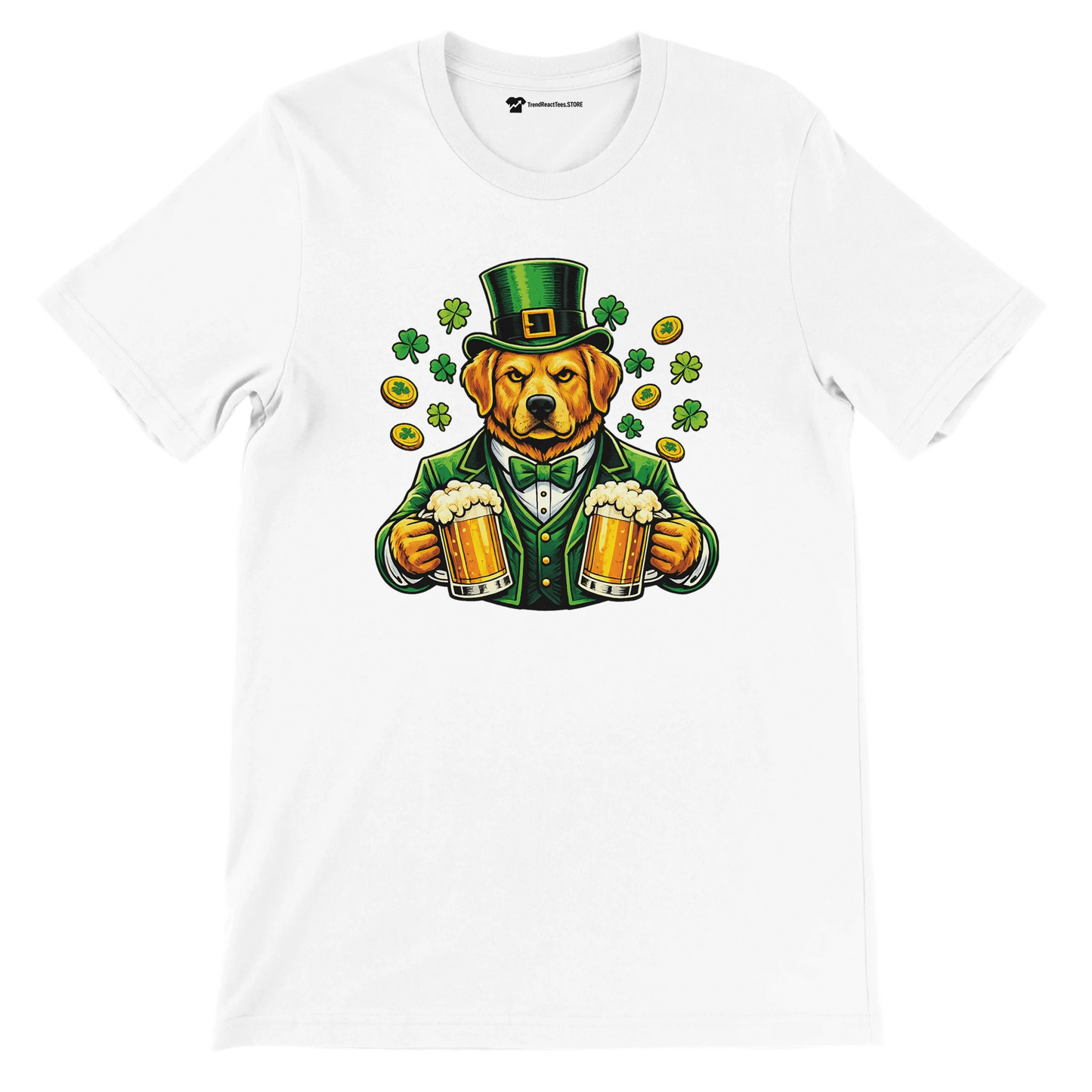 St. Patrick's Day dog in green suit holding beer mugs with shamrocks and gold coins