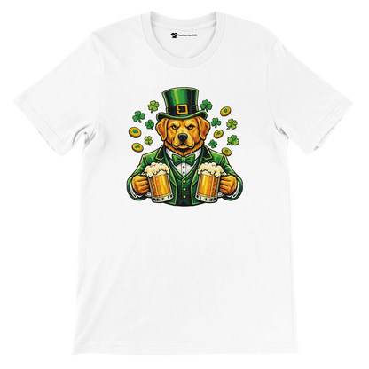 St. Patrick's Day dog in green suit holding beer mugs with shamrocks and gold coins