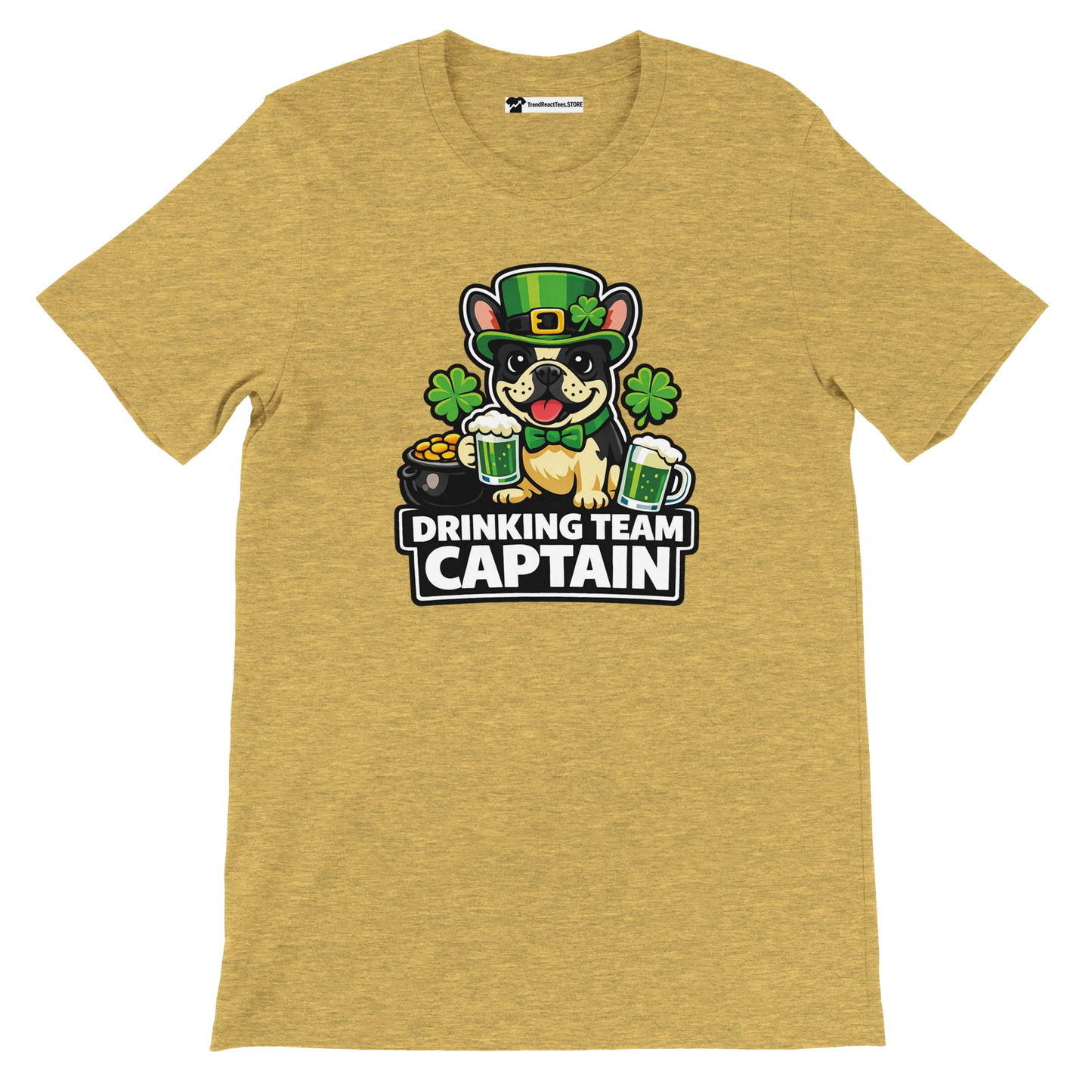St. Patrick's Day dog tee with 'Drinking Team Captain' text, shamrocks, beer mugs, and gold pot design
