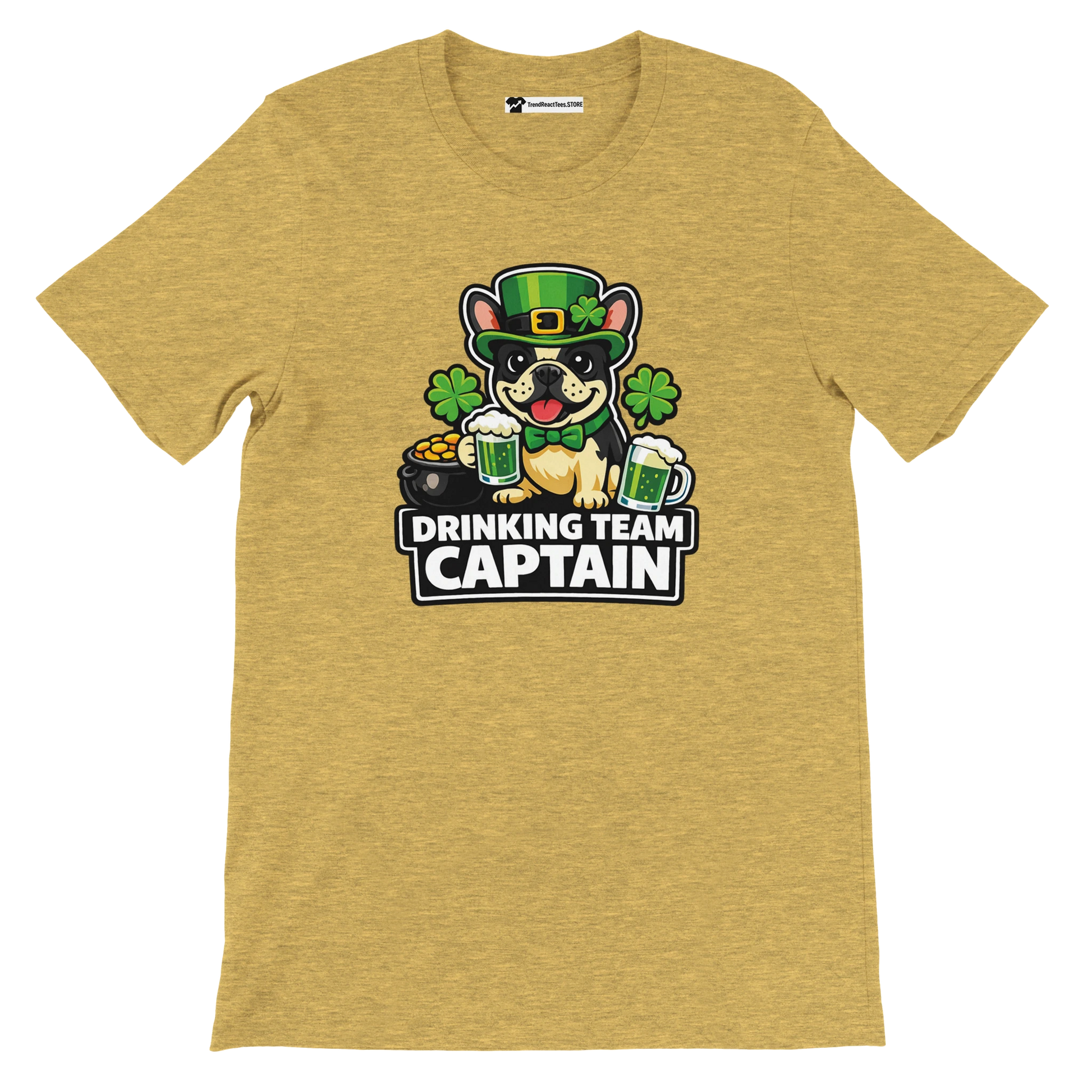 St. Patrick's Day dog tee with 'Drinking Team Captain' text, shamrocks, beer mugs, and gold pot design