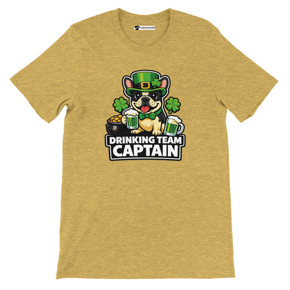 St. Patrick's Day dog tee with 'Drinking Team Captain' text, shamrocks, beer mugs, and gold pot design