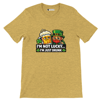 Funny St. Patrick's Day tee with leprechaun and beer, saying 'I'm not lucky... I'm just drunk'