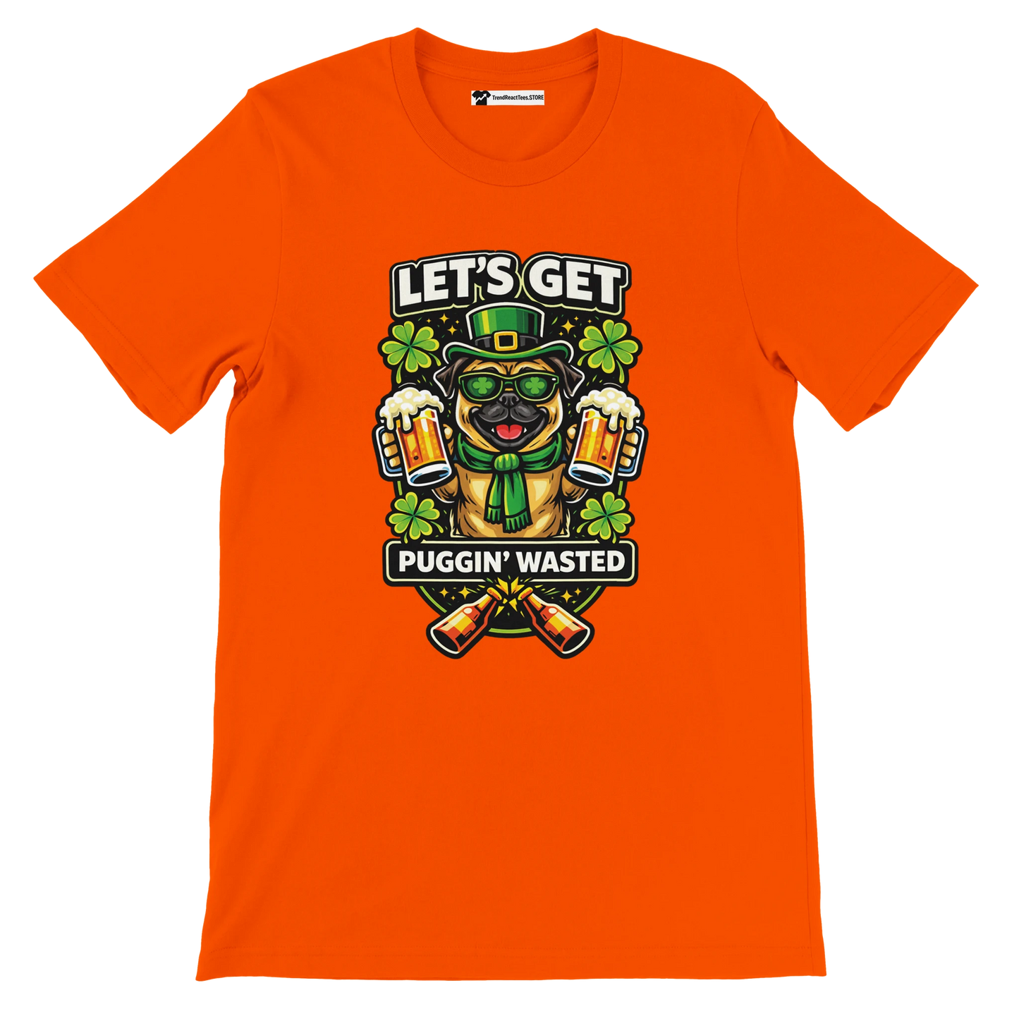 Orange St. Patrick's Day tee with pug in leprechaun hat, beer mugs, and clovers
