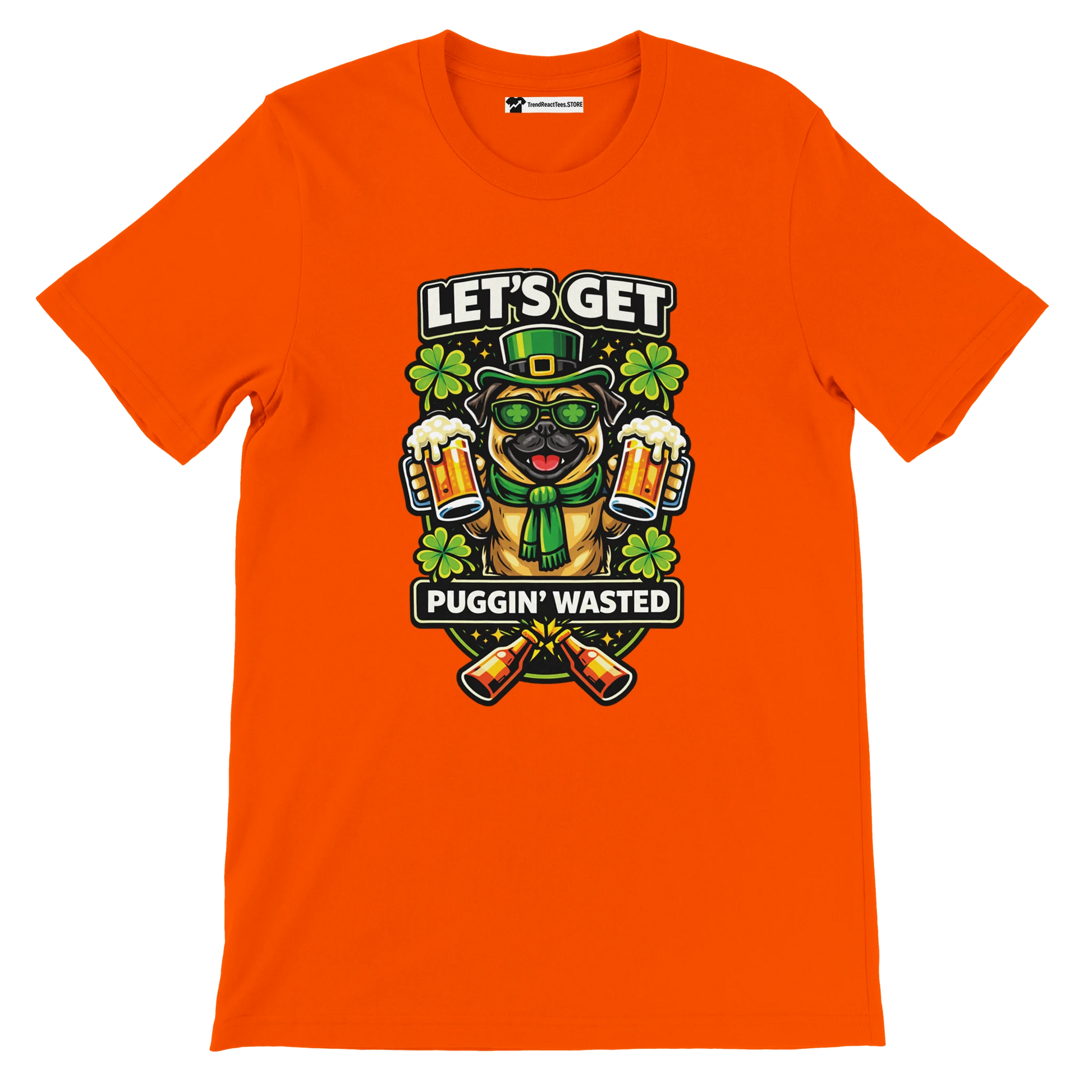 Orange St. Patrick's Day tee with pug in leprechaun hat, beer mugs, and clovers