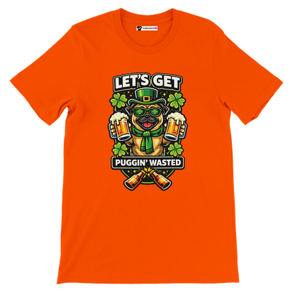 Orange St. Patrick's Day tee with pug in leprechaun hat, beer mugs, and clovers
