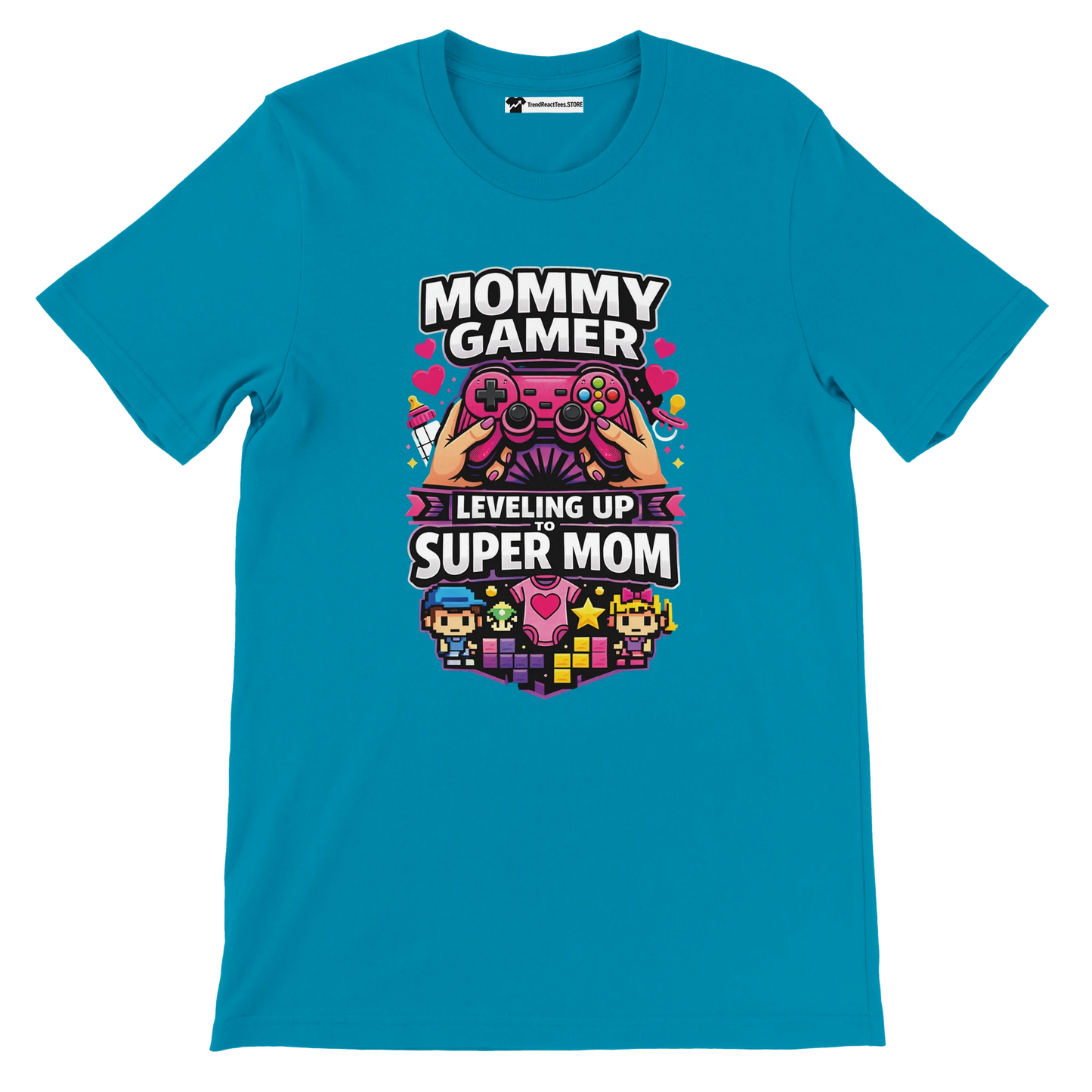 Blue tee with 'Mommy Gamer Leveling Up to Super Mom' design, gaming controller, pixel art