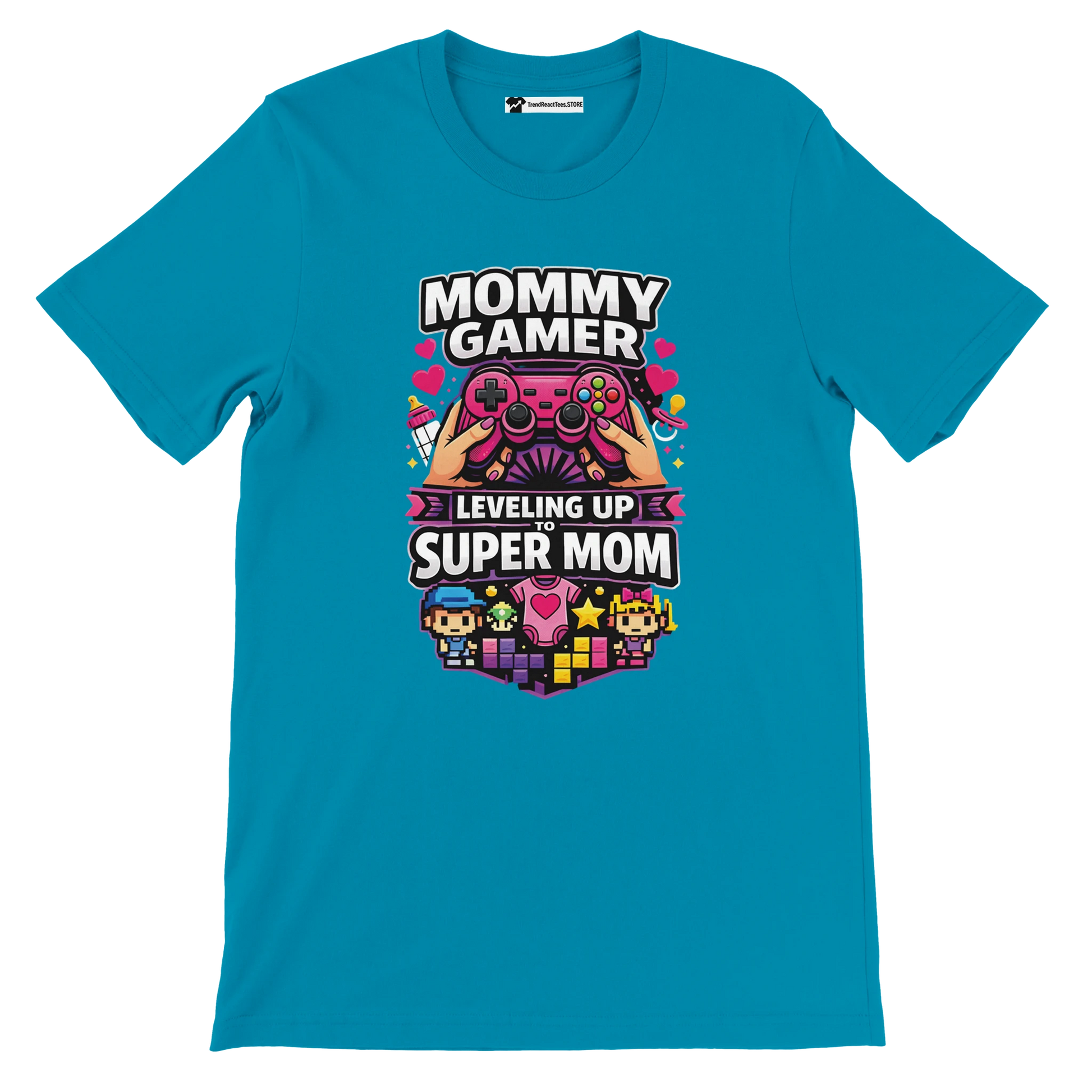 Blue tee with 'Mommy Gamer Leveling Up to Super Mom' design, gaming controller, pixel art