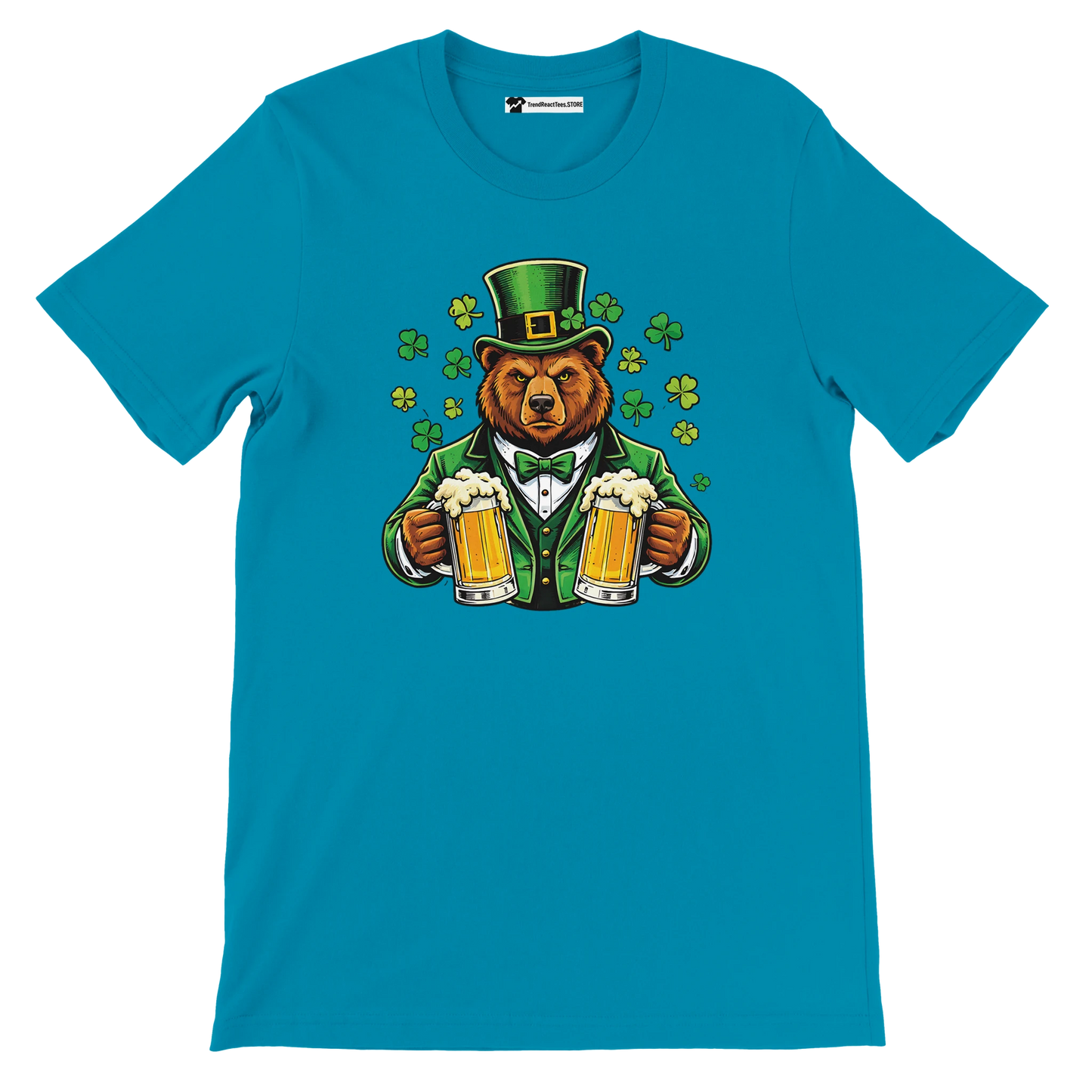 St. Patrick's Day bear in green suit holding beer mugs with shamrocks, festive holiday tee