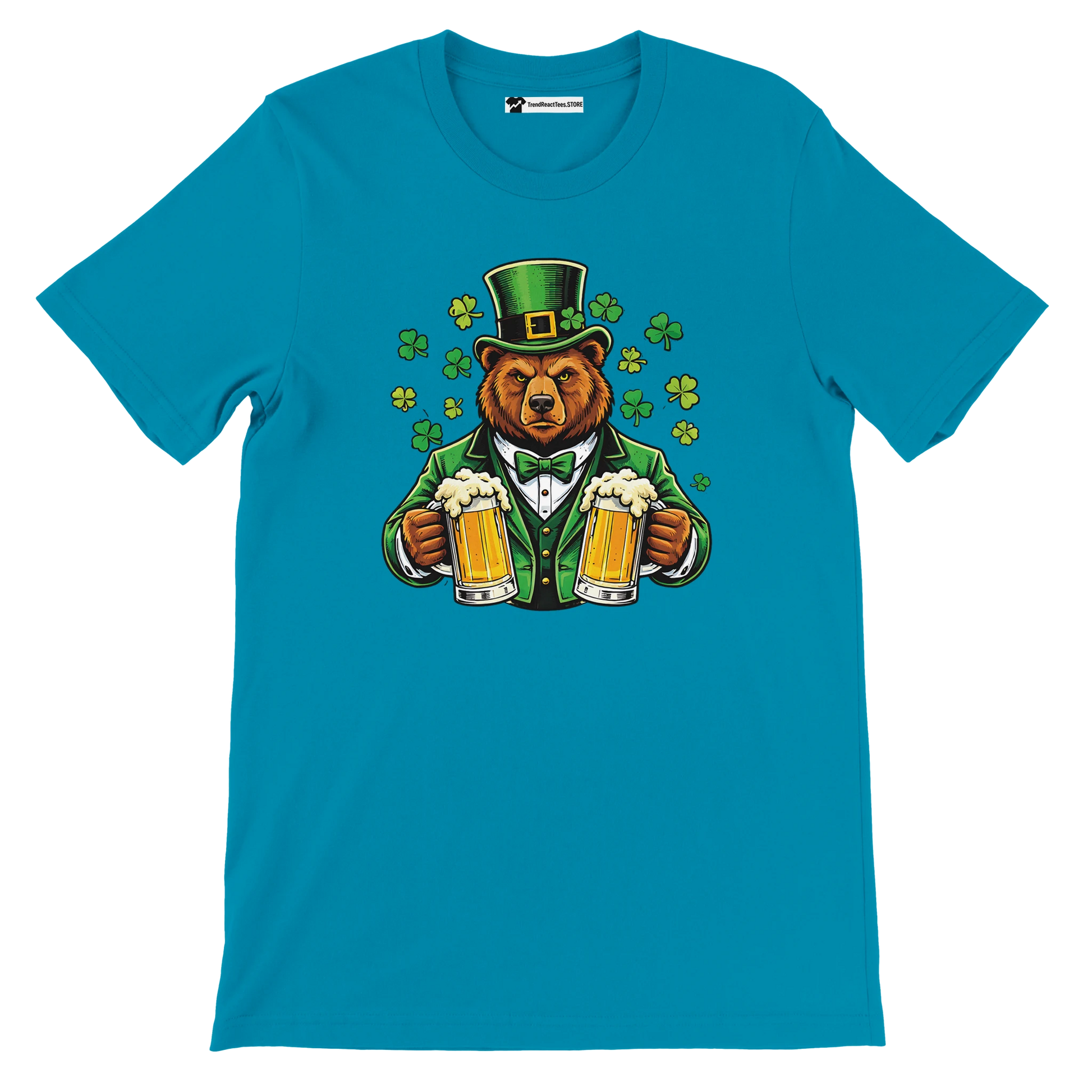 St. Patrick's Day bear in green suit holding beer mugs with shamrocks, festive holiday tee