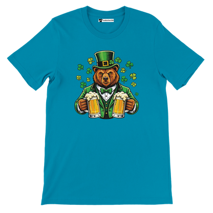 St. Patrick's Day bear in green suit holding beer mugs with shamrocks, festive holiday tee