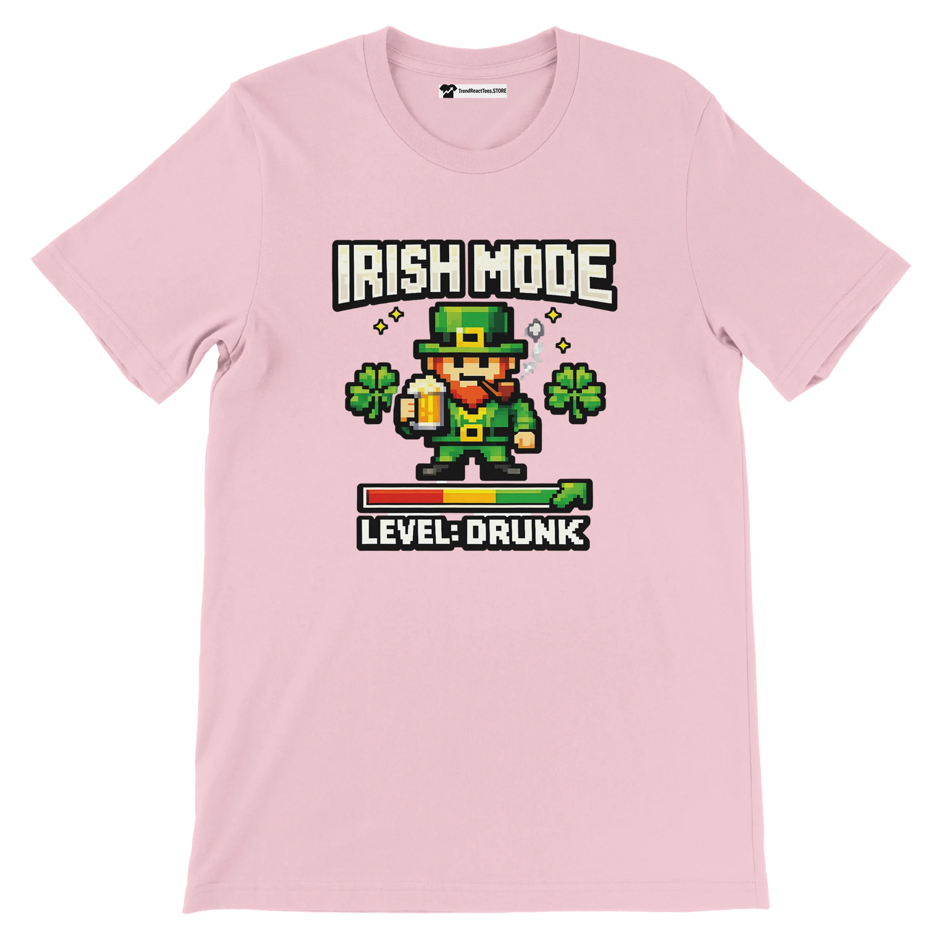 Pink St. Patrick's Day tee with pixel leprechaun, 'Irish Mode Level: Drunk' text, shamrocks, beer