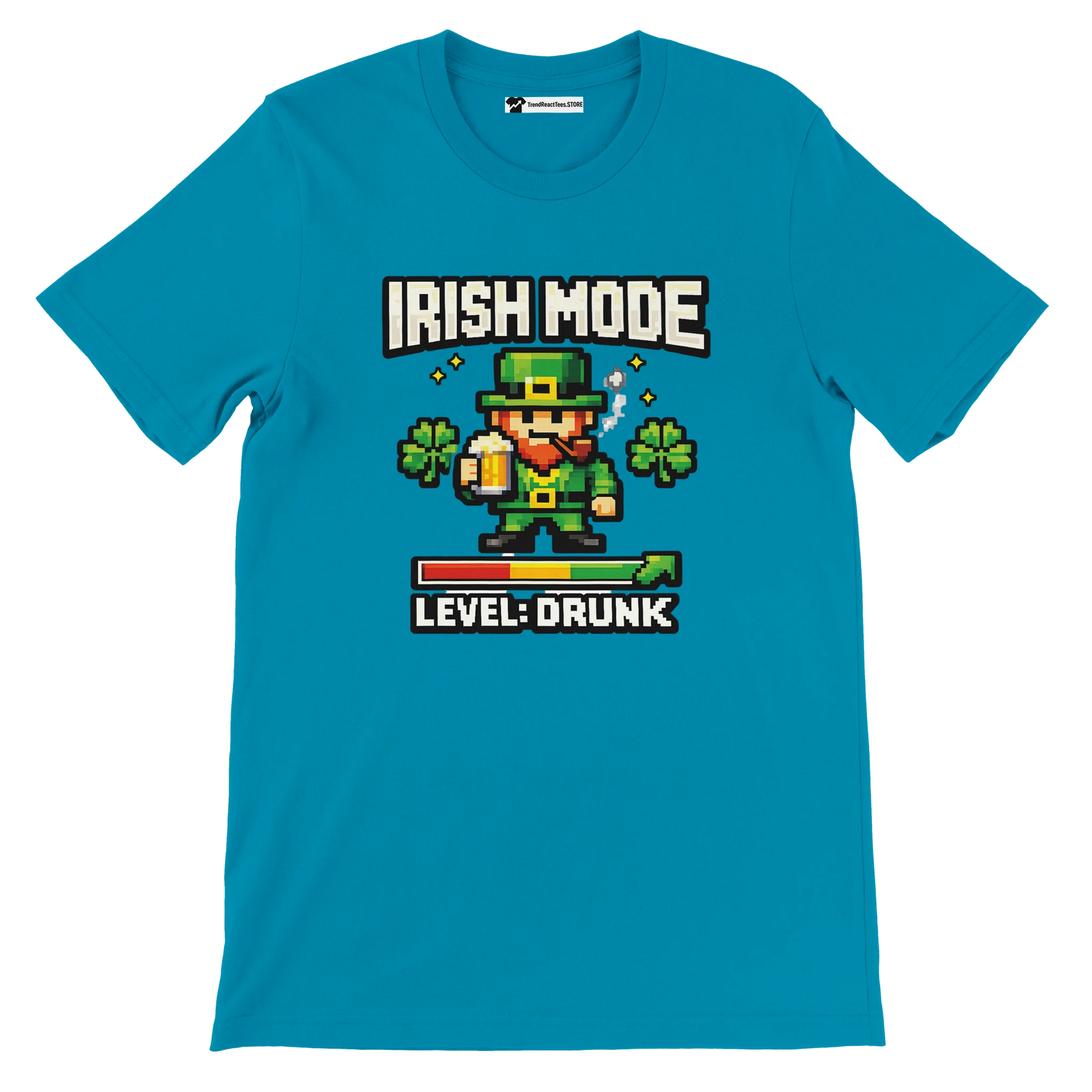 Pixel art Irish leprechaun with beer, shamrocks, 'Irish Mode Level: Drunk' text on teal tee