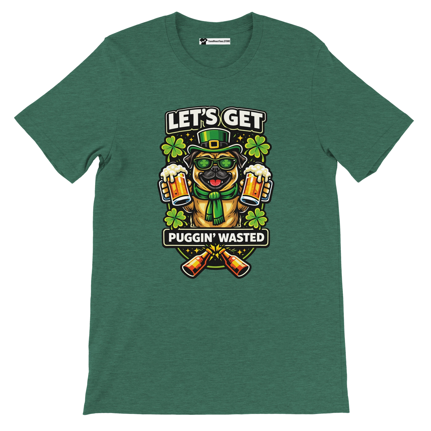 Green t-shirt with cartoon pug in leprechaun hat, shamrocks, mugs of beer, and St. Patrick’s Day text.