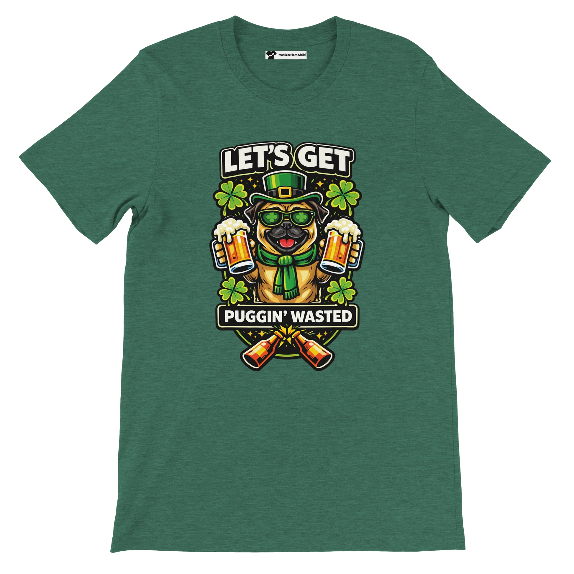 Green t-shirt with cartoon pug in leprechaun hat, shamrocks, mugs of beer, and St. Patrick’s Day text.