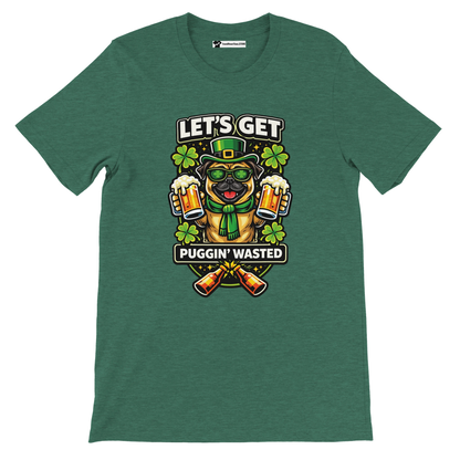 Green t-shirt with cartoon pug in leprechaun hat, shamrocks, mugs of beer, and St. Patrick’s Day text.