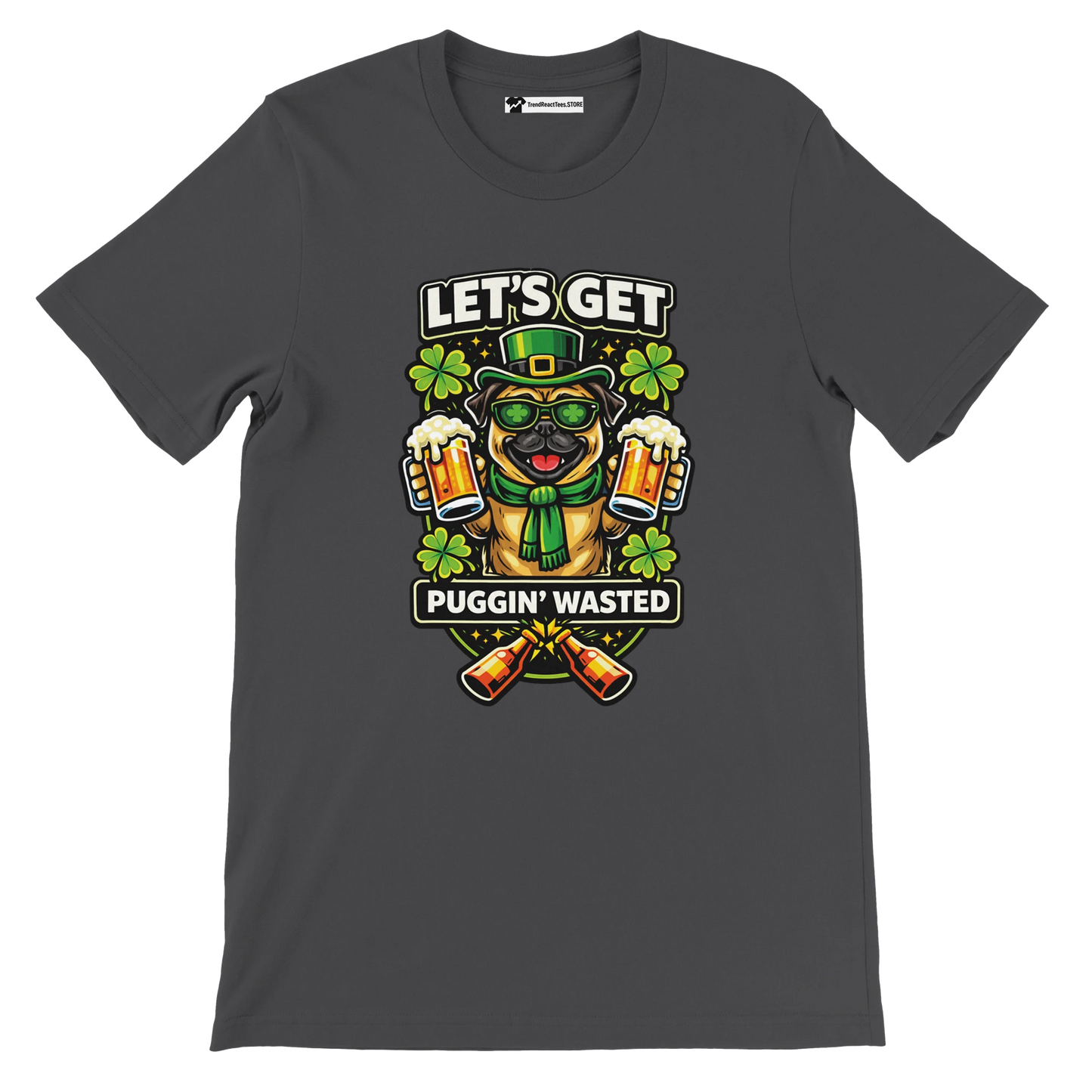 Pug St. Patrick's Day t-shirt with green hat, clovers, beer mugs, and 'Let's Get Puggin' Wasted' slogan