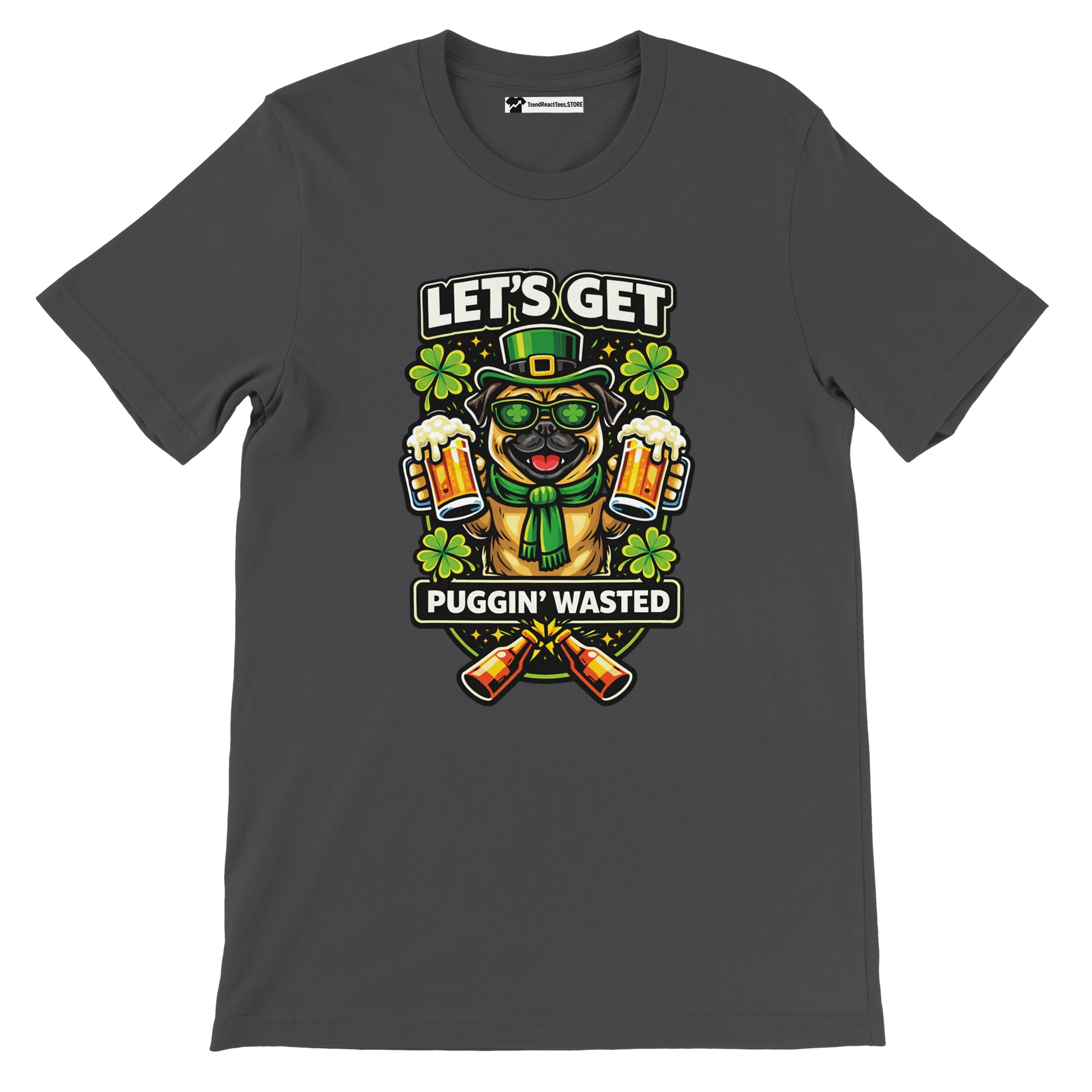 Pug St. Patrick's Day t-shirt with green hat, clovers, beer mugs, and 'Let's Get Puggin' Wasted' slogan