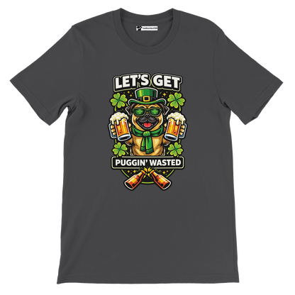 Pug St. Patrick's Day t-shirt with green hat, clovers, beer mugs, and 'Let's Get Puggin' Wasted' slogan