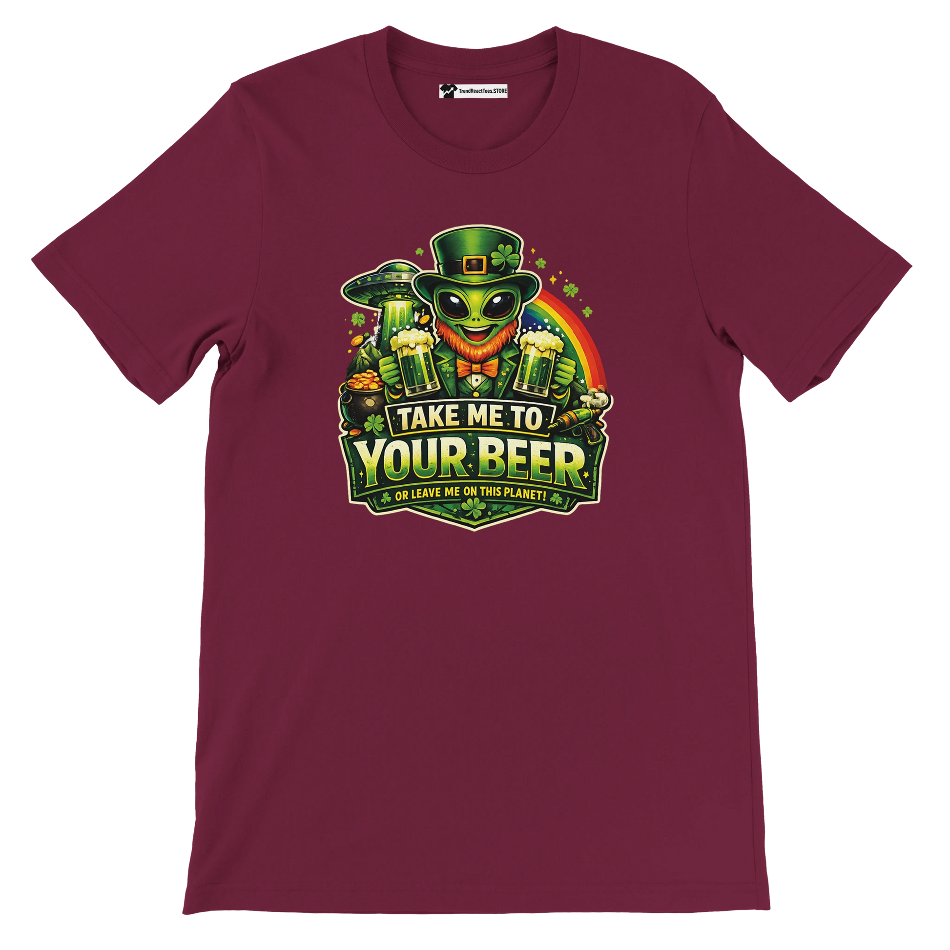 Alien leprechaun holding beer glasses with 'Take Me To Your Beer' text, St. Patrick's Day themed graphic tee