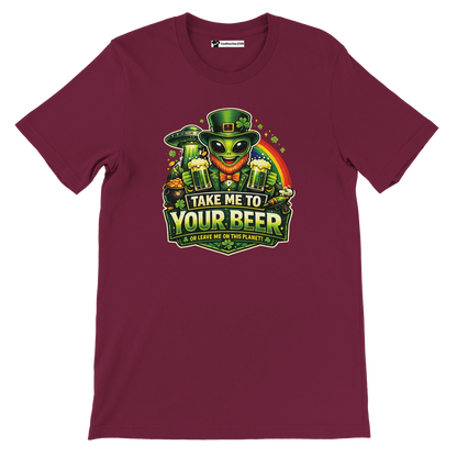 Alien leprechaun holding beer glasses with 'Take Me To Your Beer' text, St. Patrick's Day themed graphic tee