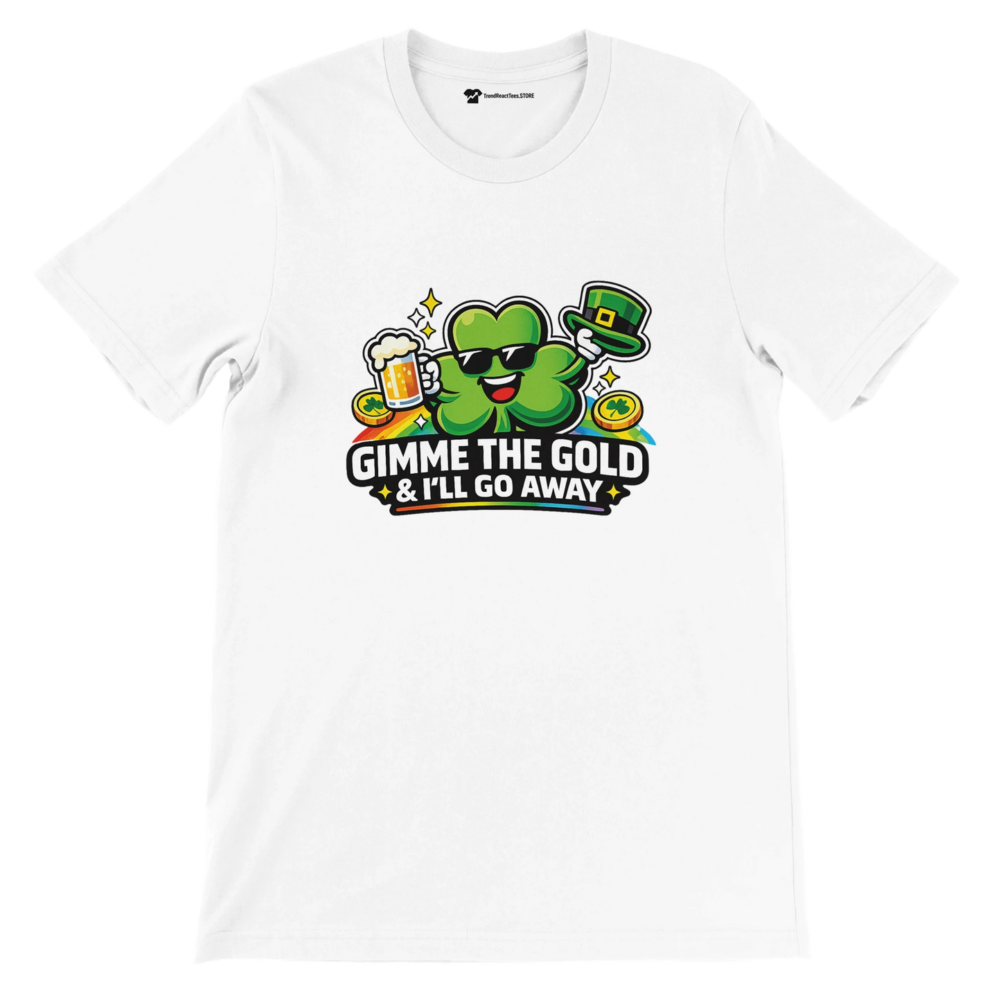 St. Patrick's Day tee with shamrock, beer, and gold coins design
