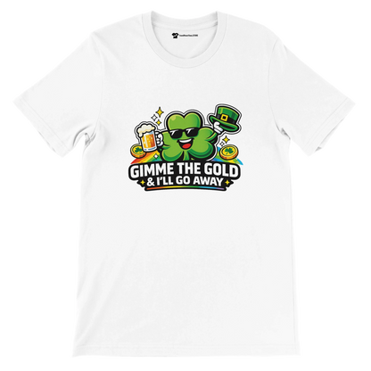 St. Patrick's Day tee with shamrock, beer, and gold coins design