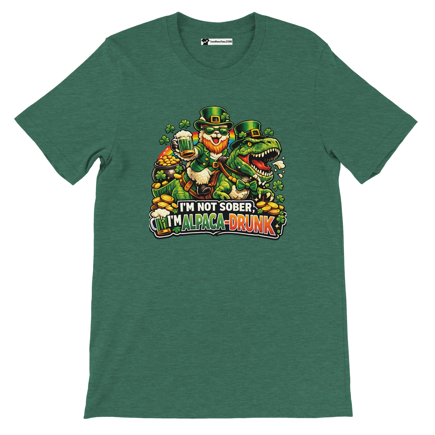 Green St. Patrick's Day tee with leprechaun alpaca riding dinosaur, holding beer, text 'I'm not sober, I'm alpaca-drunk'