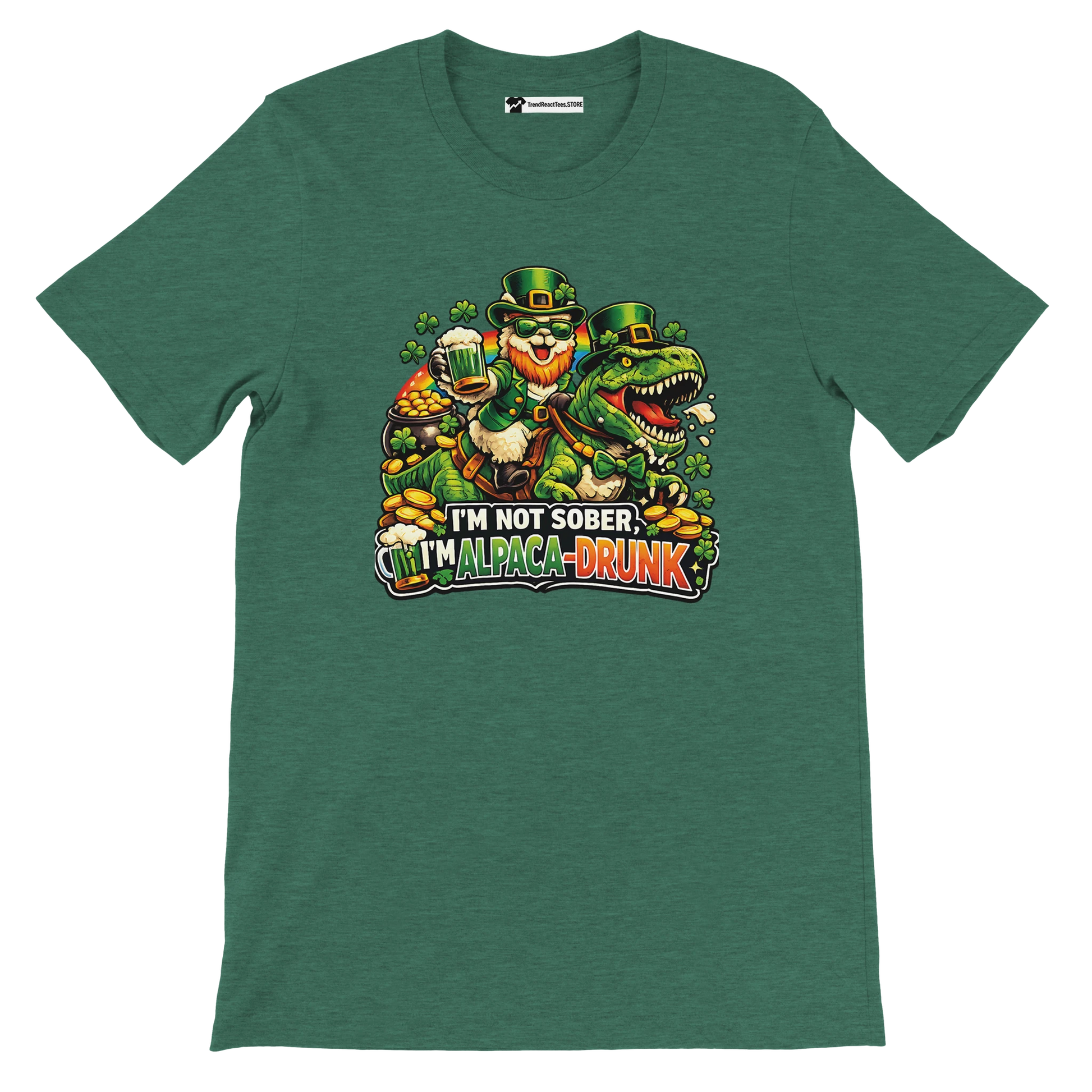 Green St. Patrick's Day tee with leprechaun alpaca riding dinosaur, holding beer, text 'I'm not sober, I'm alpaca-drunk'