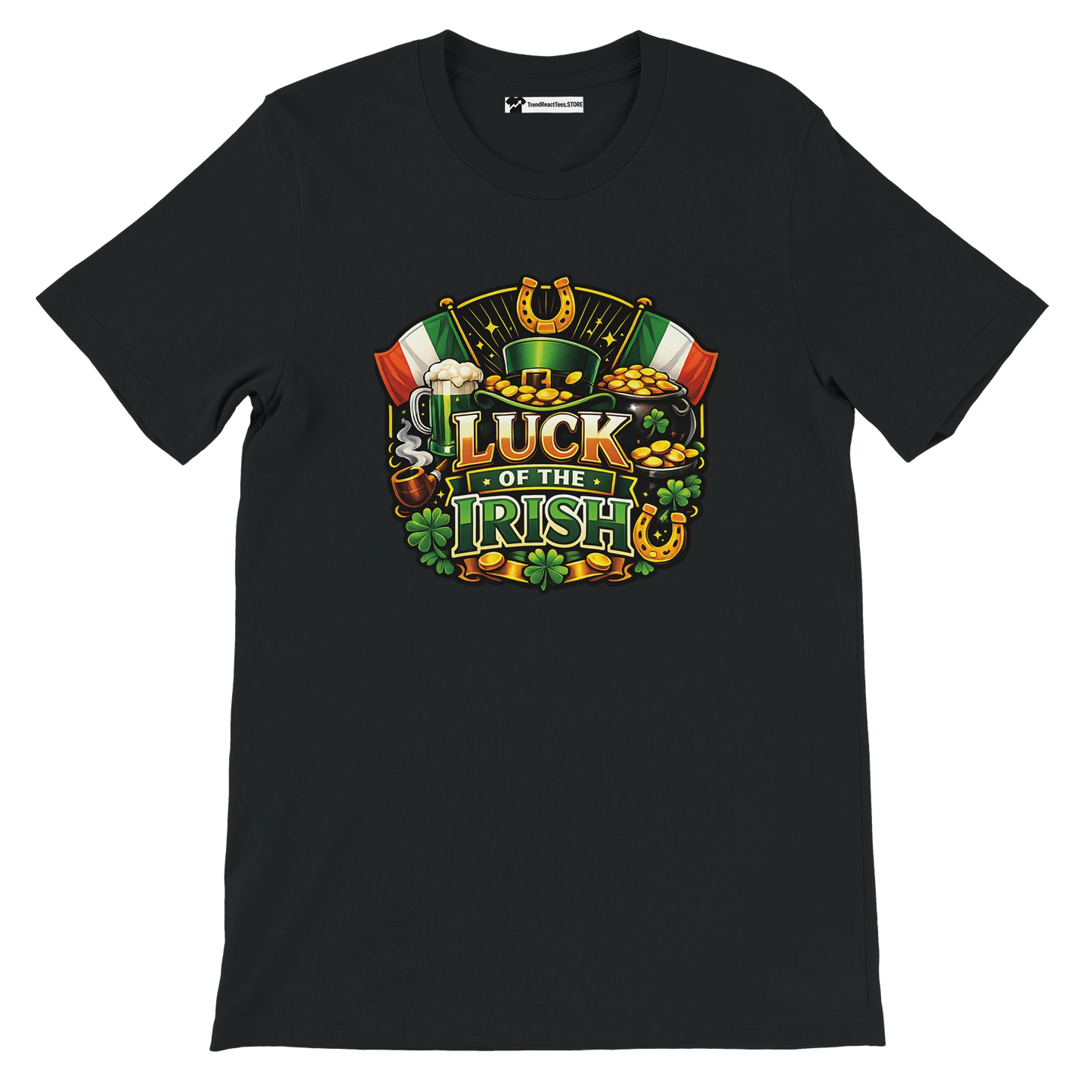Black t-shirt with colorful 'Luck of the Irish' graphic, shamrocks, gold coins, Irish flags.