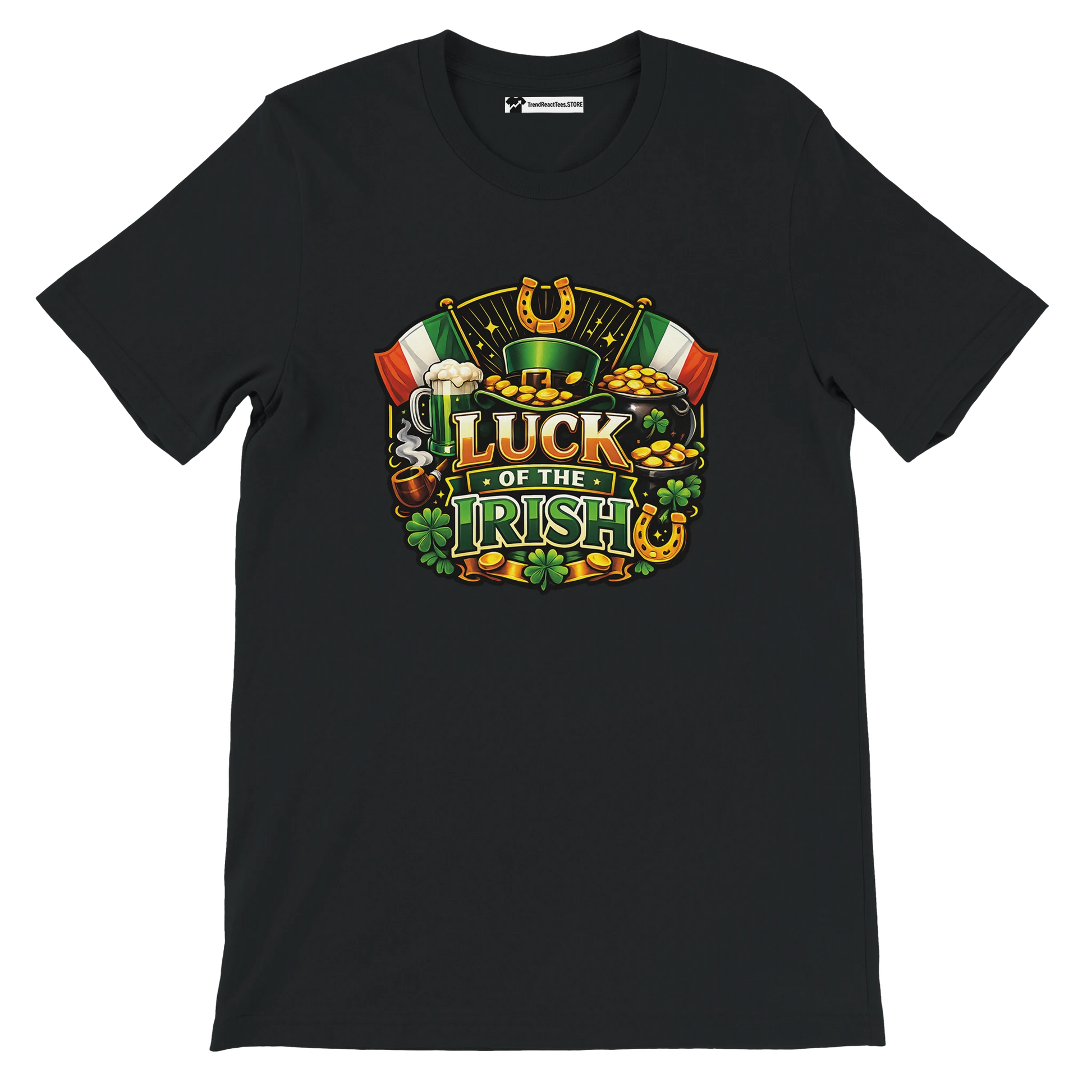 Black t-shirt with colorful 'Luck of the Irish' graphic, shamrocks, gold coins, Irish flags.