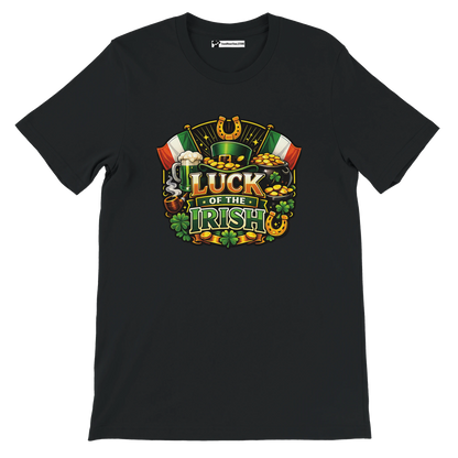 Black t-shirt with colorful 'Luck of the Irish' graphic, shamrocks, gold coins, Irish flags.