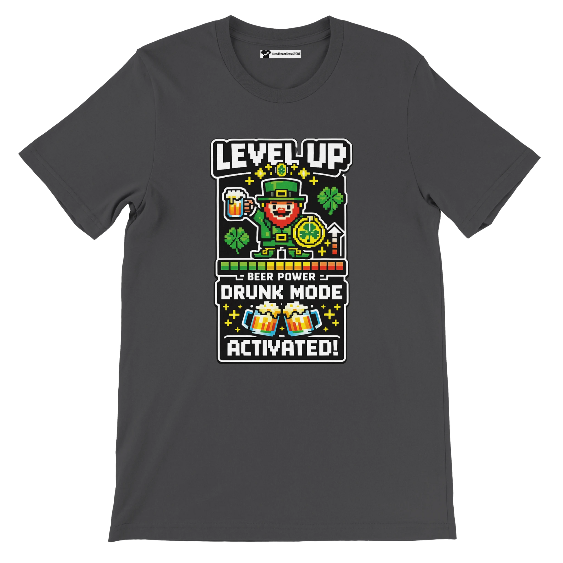 Gray t-shirt with pixel art leprechaun, shamrocks, and 'Level Up Drunk Mode Activated' text for St. Patrick's Day.