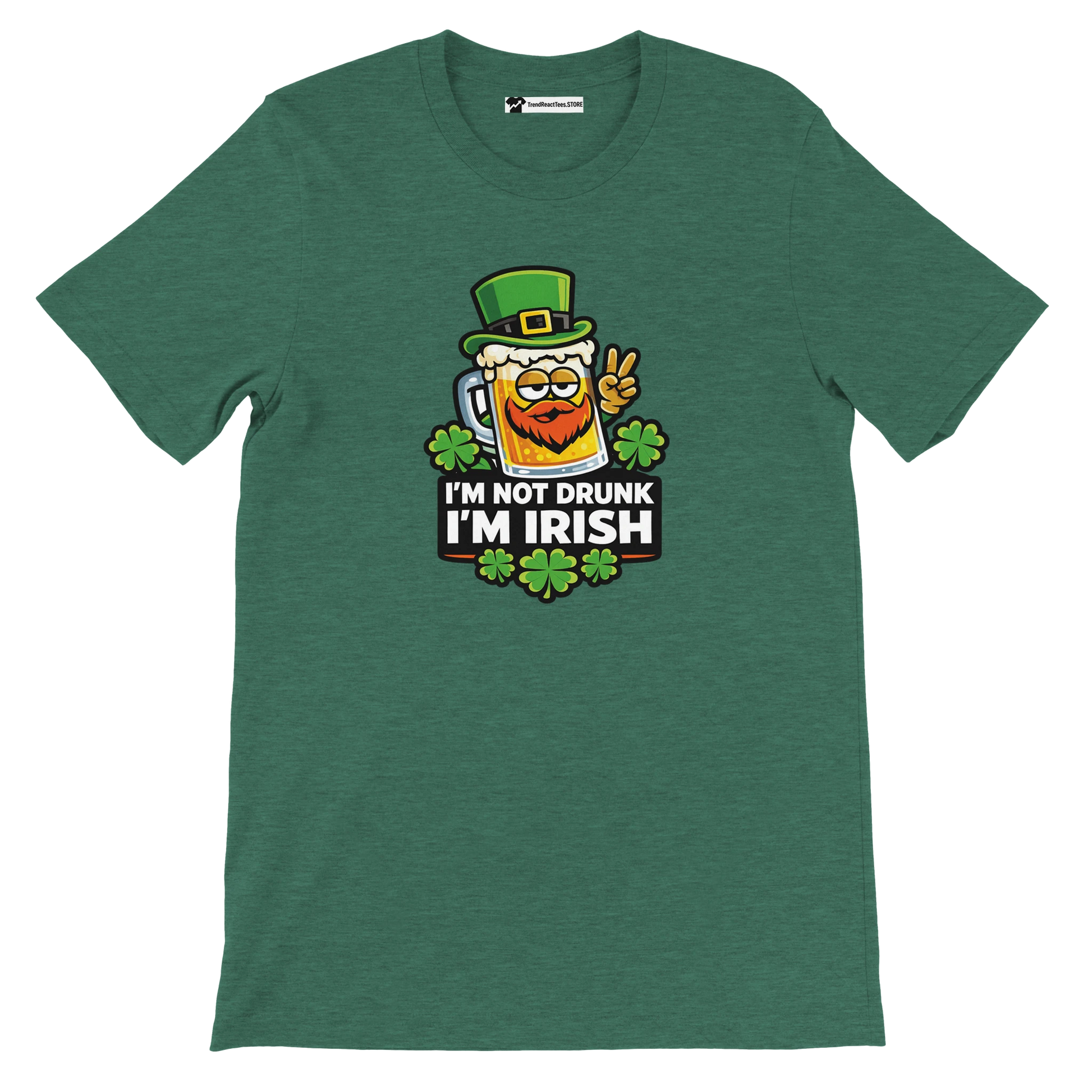 Green St. Patrick's Day tee with beer mug graphic, shamrocks, and 'I'm Not Drunk I'm Irish' text.
