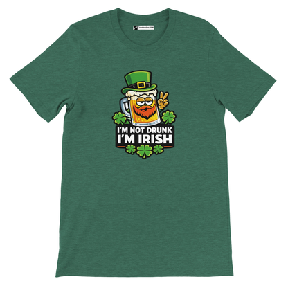 Green St. Patrick's Day tee with beer mug graphic, shamrocks, and 'I'm Not Drunk I'm Irish' text.