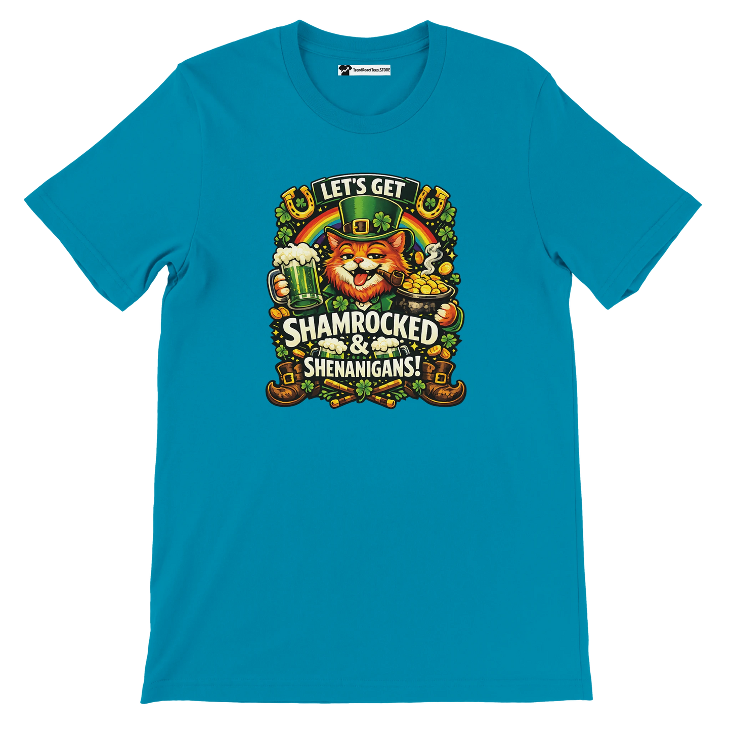 Blue t-shirt with cartoon leprechaun cat, beer, gold, clovers, and 'Let's Get Shamrocked & Shenanigans!' text.