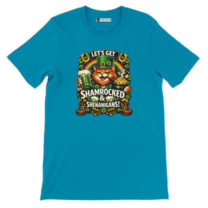 Blue t-shirt with cartoon leprechaun cat, beer, gold, clovers, and 'Let's Get Shamrocked & Shenanigans!' text.