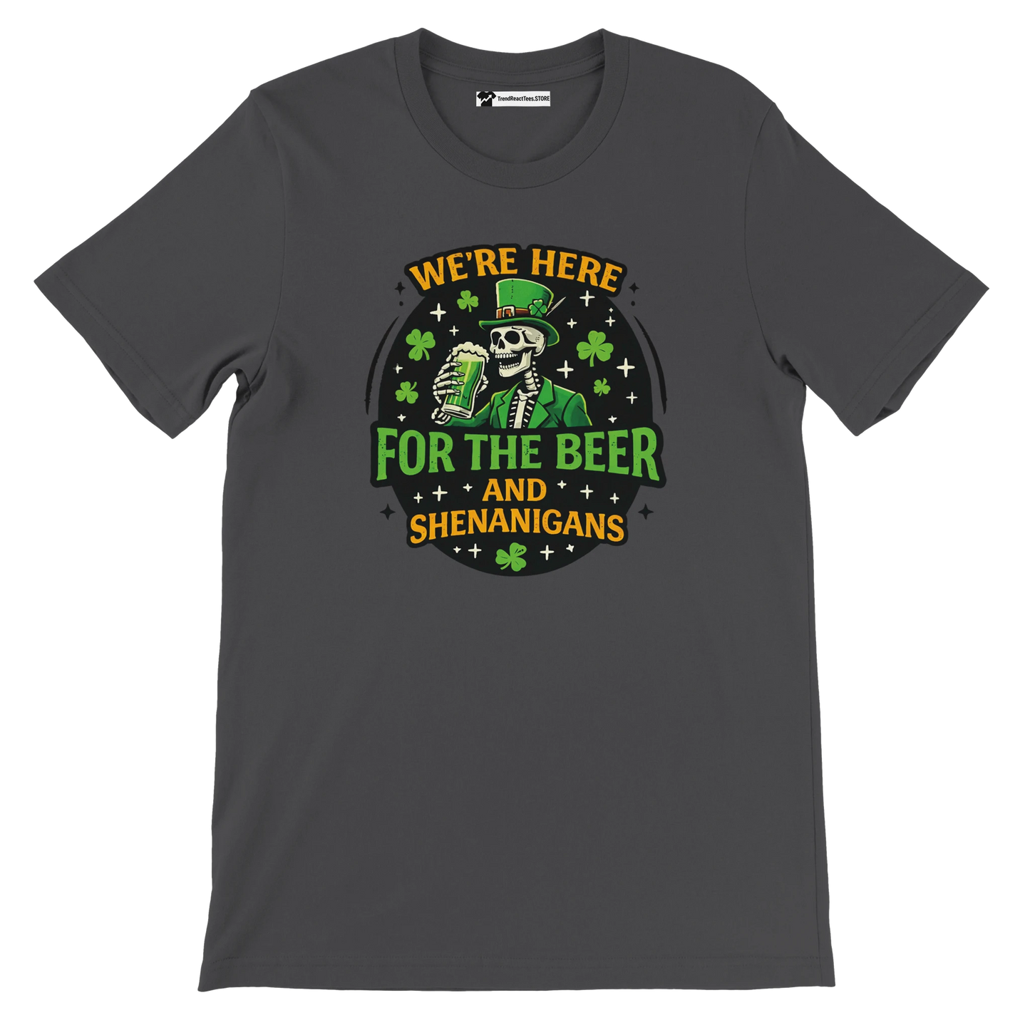 Dark t-shirt with a skeleton in a green hat holding beer and shamrocks, St. Patrick's Day design