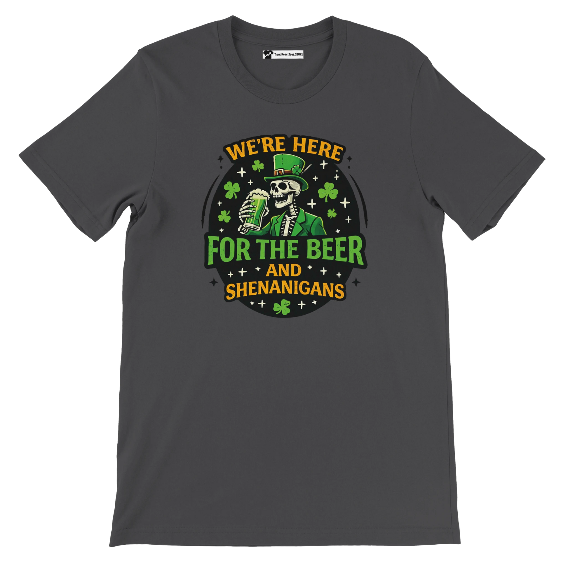 Dark t-shirt with a skeleton in a green hat holding beer and shamrocks, St. Patrick's Day design