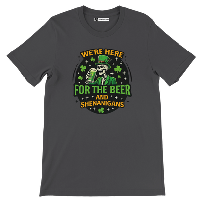 Dark t-shirt with a skeleton in a green hat holding beer and shamrocks, St. Patrick's Day design