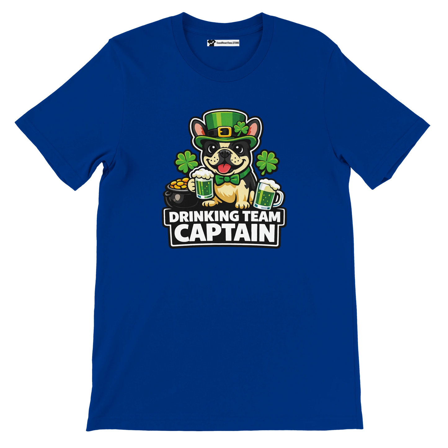 Blue St. Patrick's Day tee with cartoon bulldog in green hat, holding beer mugs, 'Drinking Team Captain' text