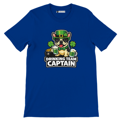 Blue St. Patrick's Day tee with cartoon bulldog in green hat, holding beer mugs, 'Drinking Team Captain' text