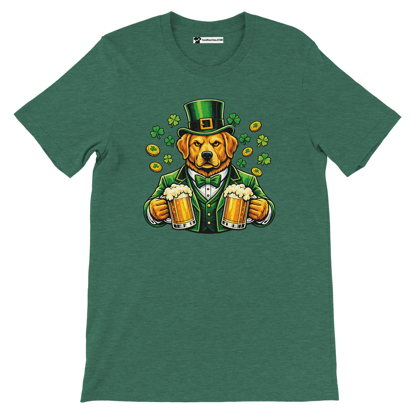 St. Patrick's Day dog in green suit holding beer mugs with shamrocks and gold coins