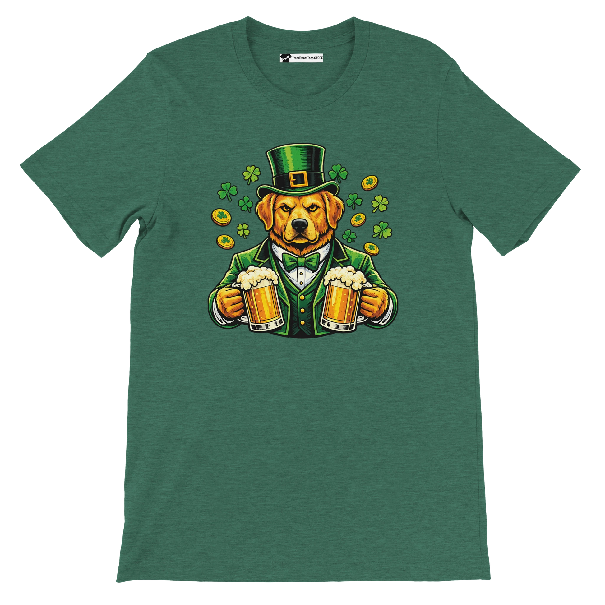 St. Patrick's Day dog in green suit holding beer mugs with shamrocks and gold coins