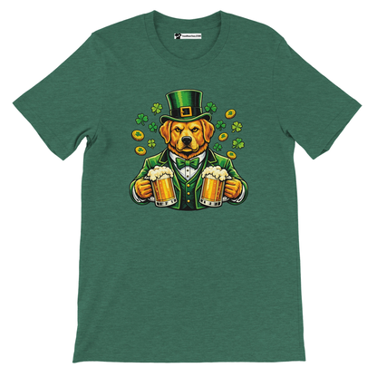 St. Patrick's Day dog in green suit holding beer mugs with shamrocks and gold coins