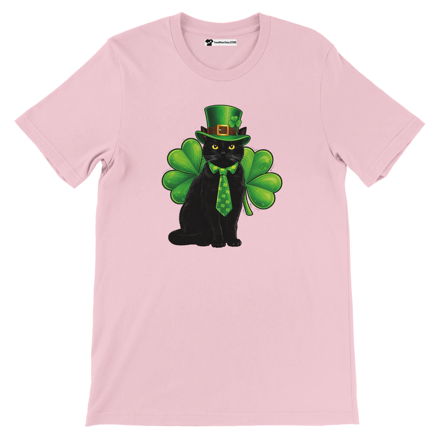 Pink tee with black cat wearing green hat, shamrock tie, and large clover leaves print