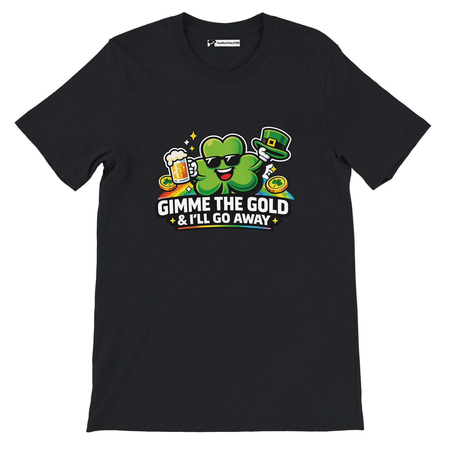 Black St. Patrick's Day tee with shamrock holding beer, 'Gimme the Gold & I'll Go Away' text, rainbow, coins, leprechaun hat
