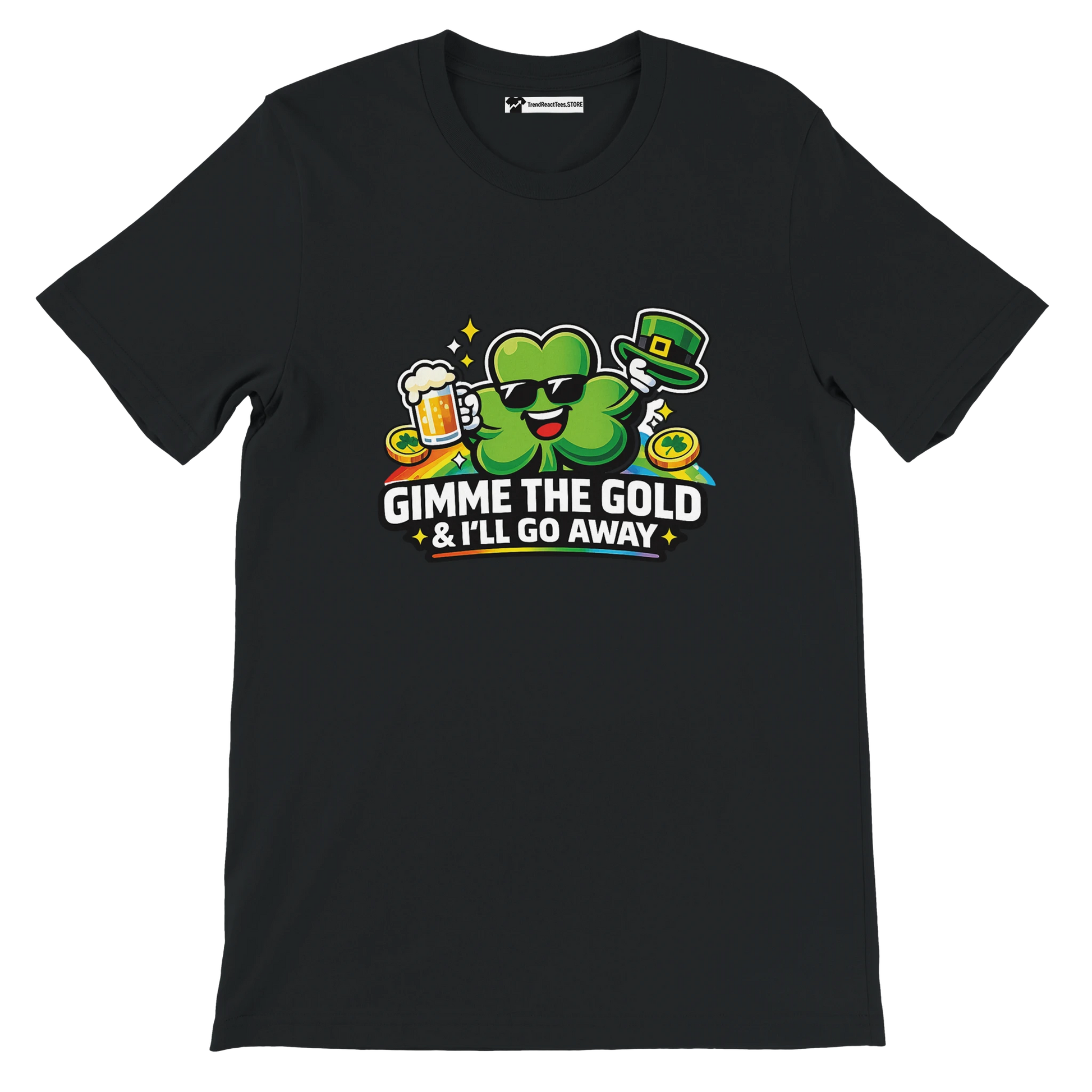Black St. Patrick's Day tee with shamrock holding beer, 'Gimme the Gold & I'll Go Away' text, rainbow, coins, leprechaun hat